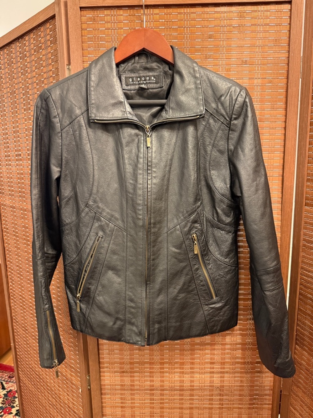giacca Black Leather Zip-Up Jacket with Gold Zippers